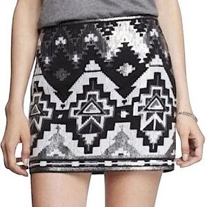 NWOT Express Aztec Sequin Mini Skirt Black White & Gray Size XS